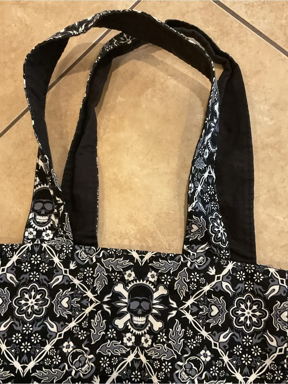 Black Patterned Tote Bag with Skull Motif